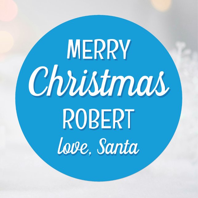Christmas Santa Custom Name Typography Blue Classic Round Sticker (Creator Uploaded)