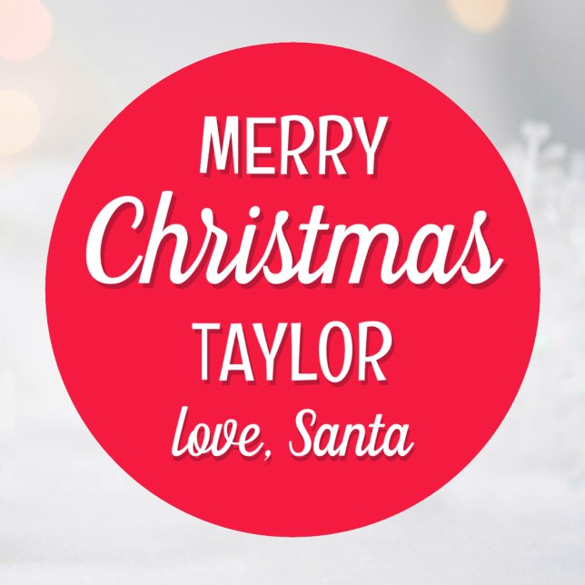 Christmas Santa Custom Name Typography Red Classic Round Sticker (Creator Uploaded)