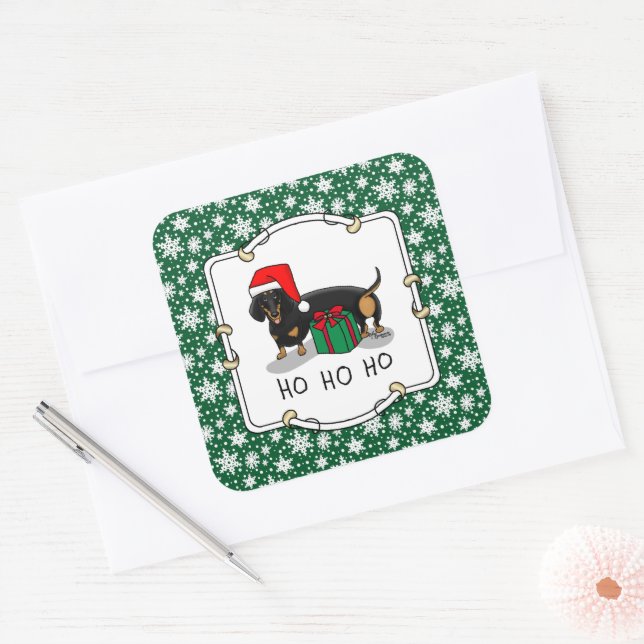Christmas Santa Dachshund (S black & tan) Funny Square Sticker (Envelope)
