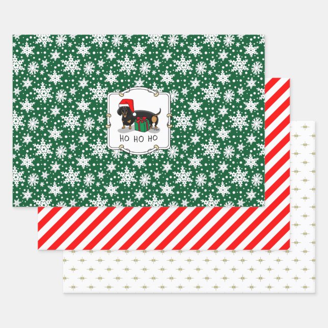 Christmas Santa Dachshund (S black & tan) Funny Wrapping Paper Sheet (Set)