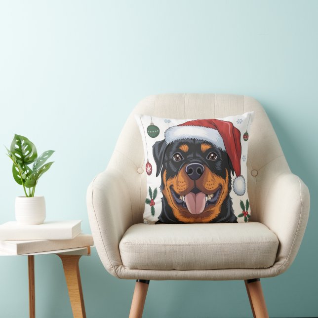 Christmas Santa Dog Rottweiler Throw Pillow (Chair)