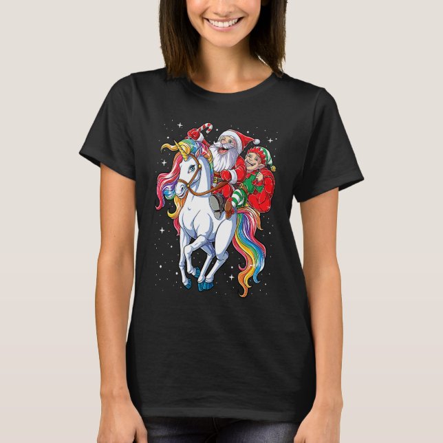 Christmas Santa Elf Riding Unicorn Xmas  Girls Wom T-Shirt (Front)