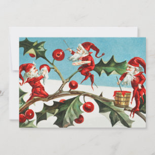 Christmas Santa Elves Painting Berries on Leaves Holiday Card