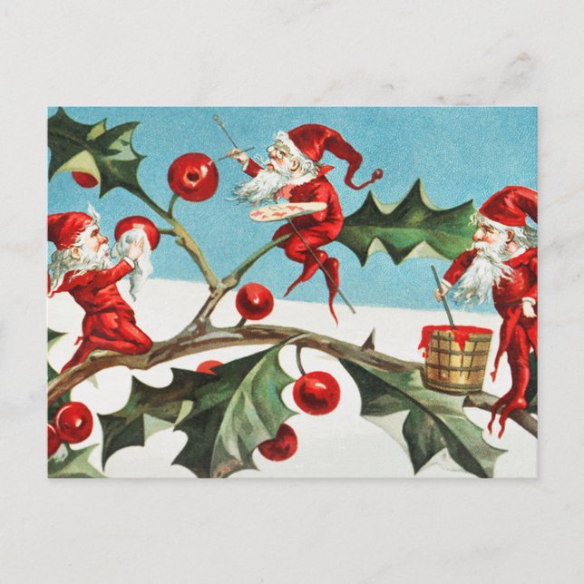 Christmas Santa Elves Painting Berries on Leaves Holiday Postcard (Front)