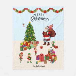 Christmas Santa & Elves with Presents Names Gift Fleece Blanket