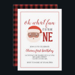 Christmas Santa First Birthday Invitation<br><div class="desc">Oh what fun,  it is to be One! Christmas Santa first birthday party invitation with watercolor santa,  christmas and buffalo plaid back.</div>