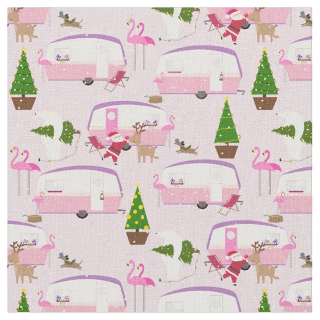 christmas santa flamingo trailer park fabric (Close Up)