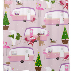 christmas santa flamingo trailer park shower curtain