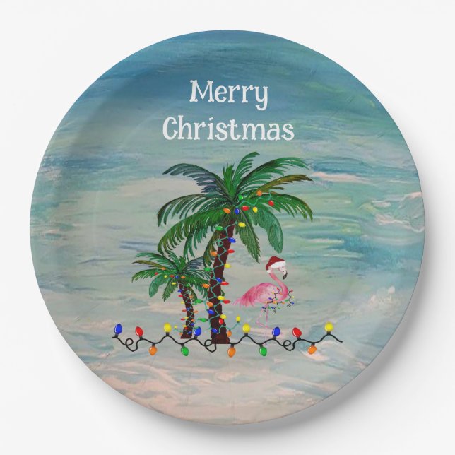 Christmas Santa flamingos Holiday party  Paper Plate (Front)