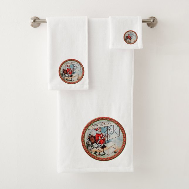 Christmas Santa flying a old aeroplane Bath Towel Set (Insitu)