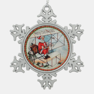 Christmas Santa flying a old aeroplane Snowflake Pewter Christmas Ornament