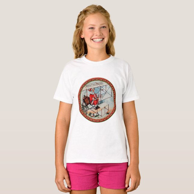 Christmas Santa flying a old aeroplane T-Shirt (Front Full)