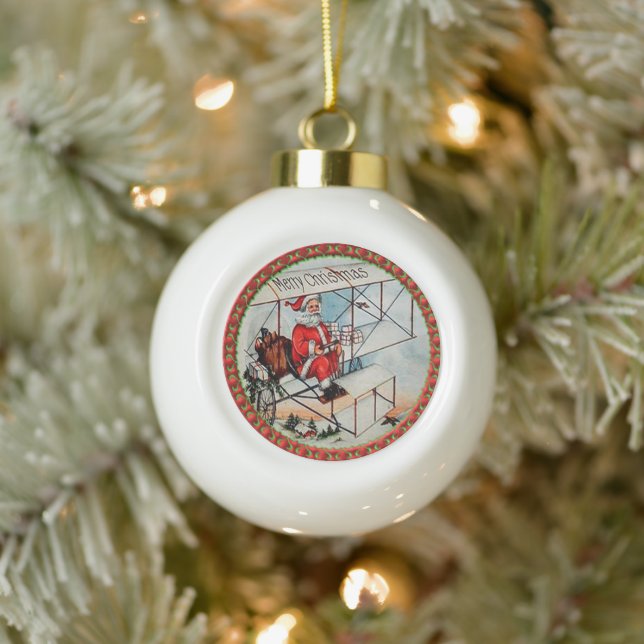 Christmas Santa flying a old airplane Ceramic Ball Christmas Ornament (Tree)
