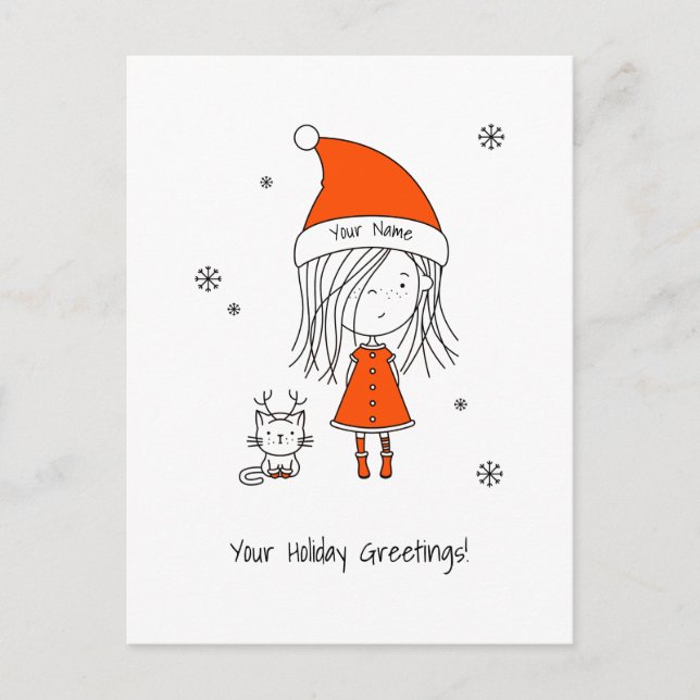 Christmas Santa Girl Cat Cute Funny Cartoon Postcard (Front)