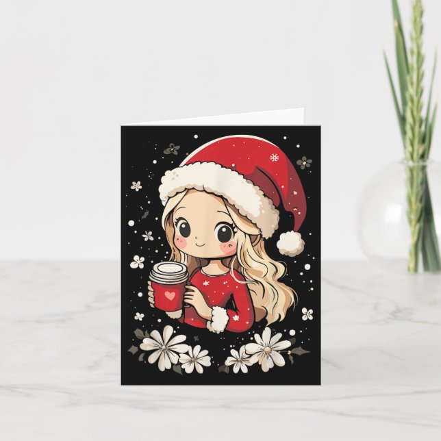 Christmas Santa Girl Coffee Flower Kids Santa Wome Card (Front)