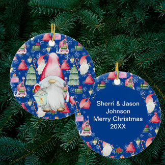 Christmas Santa Gnome & Blue Pattern Holiday Quote Ceramic Tree Decoration