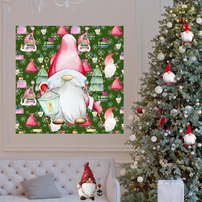 Christmas Santa Gnome & Green Pattern Background Poster (Christmas Santa Gnome & Green Pattern Background Poster)