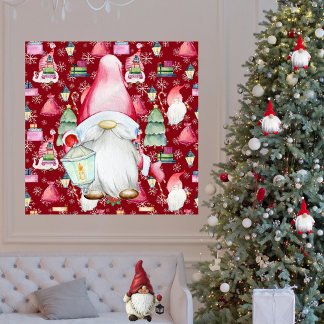 Christmas Santa Gnome & Red Pattern Background Poster