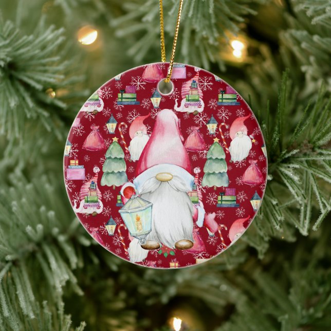 Christmas Santa Gnome & Red Pattern Name & Date Ceramic Tree Decoration (Tree)