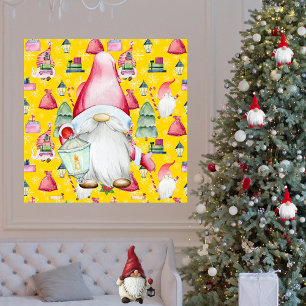 Christmas Santa Gnome & Yellow Pattern Background Poster