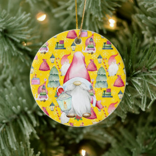 Christmas Santa Gnome & Yellow Pattern Name & Date Ceramic Tree Decoration