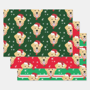 Christmas Santa Golden Retriever Dog Snowflake Wrapping Paper Sheet