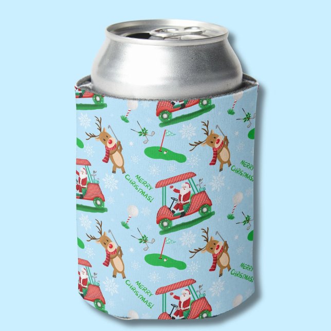 Christmas Santa Golfing With Reindeer Pattern Can Cooler (Creator Uploaded)