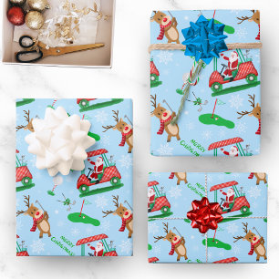Christmas Santa Golfing With Reindeer Pattern Wrapping Paper Sheet