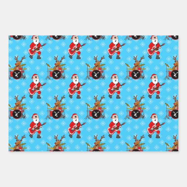 Christmas Santa Guitar Rudolf Drums Pattern Wrapping Paper Sheet (Front)
