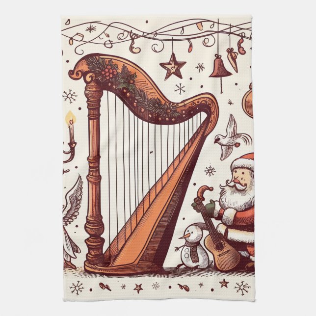 Christmas Santa Harp Kitchen Towel (Vertical)