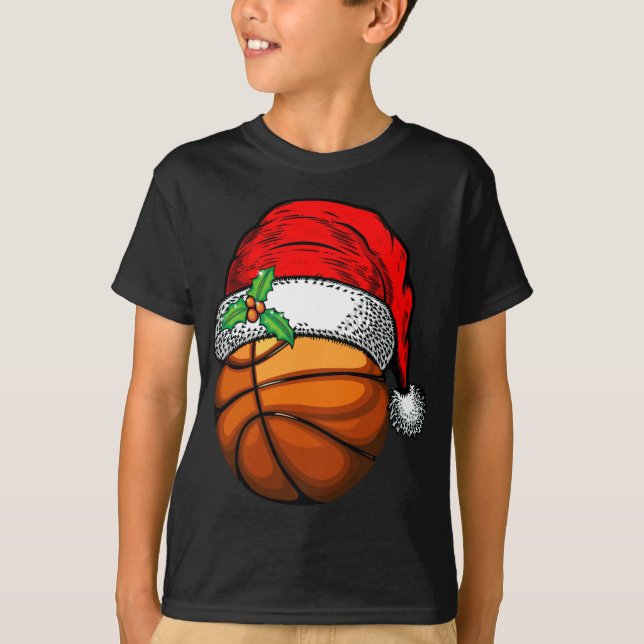 Christmas Santa Hat Basketball Sport Funny Gift T-Shirt (Front)