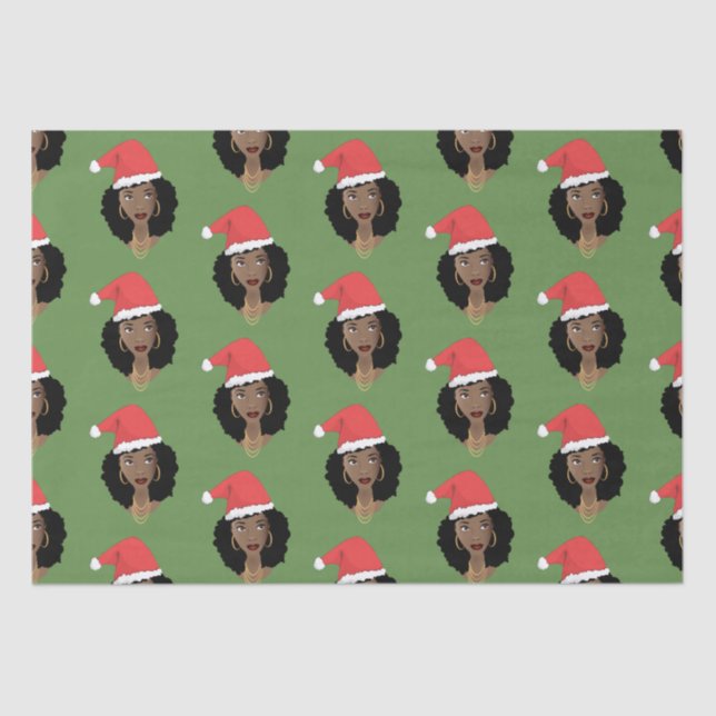 Christmas Santa Hat, Black Woman, Green Tissue Paper (Front)