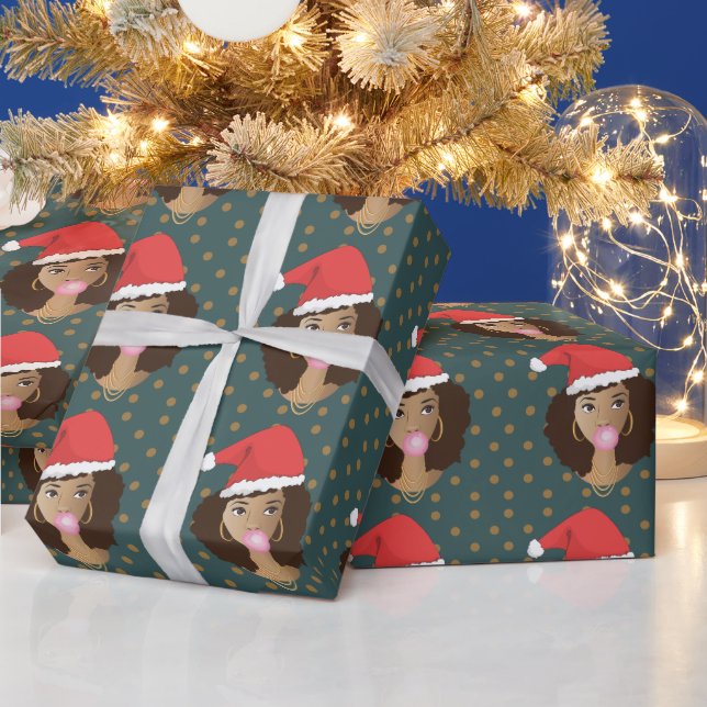 Christmas Santa Hat, Black Woman, Gum, Stars, Teal Wrapping Paper (Holidays)