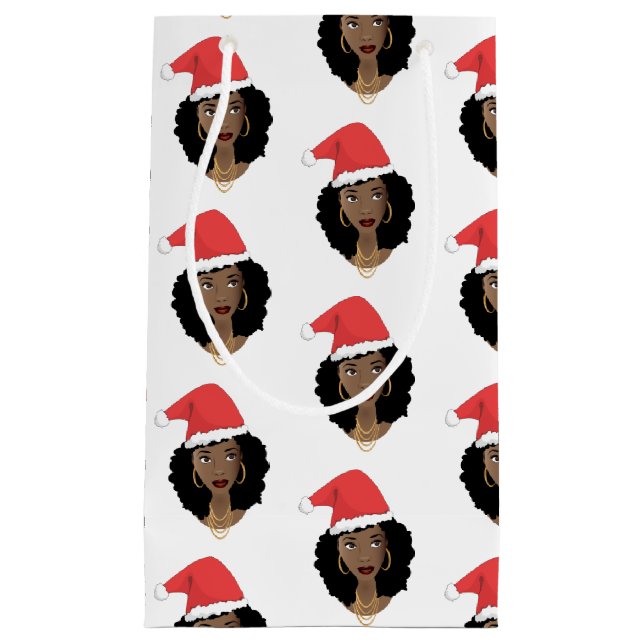 Christmas Santa Hat, Black Woman, Natural Hair Small Gift Bag (Front)