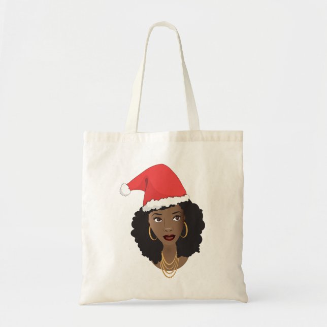 Christmas Santa Hat, Black Woman, Natural Hair Tote Bag (Front)
