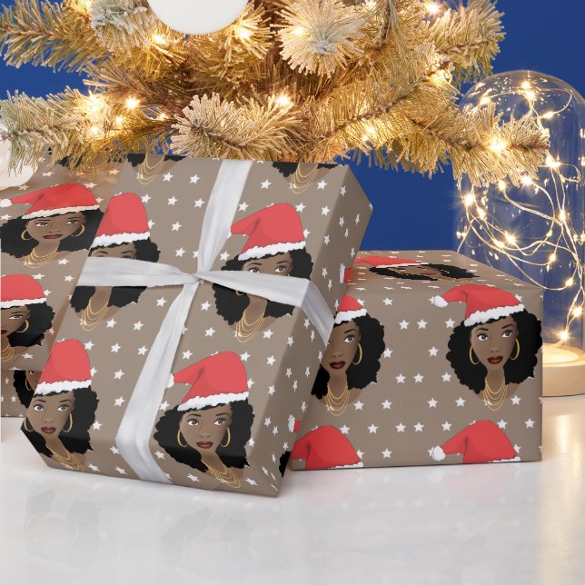 Christmas Santa Hat, Black Woman, Stars, Brown Wrapping Paper (Holidays)