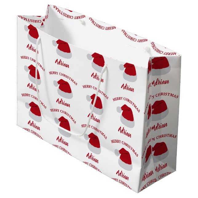 Christmas Santa Hat & Custom Name Pattern Large Gift Bag (Front Angled)