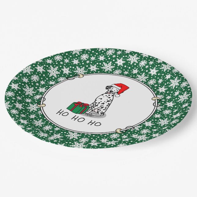 Christmas Santa Hat Dalmatian Dog (black 1) Cute Paper Plate (Angled)