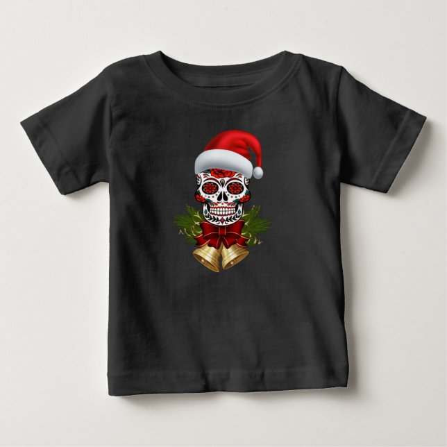 Christmas Santa Hat Day Of The Dead Sugar Skull Baby T-Shirt (Front)