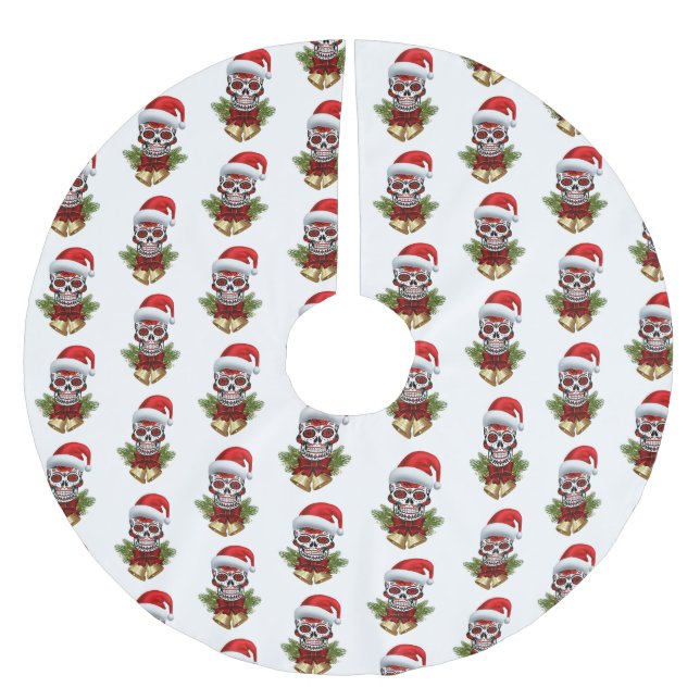 Christmas Santa Hat Day Of The Dead Sugar Skull Brushed Polyester Tree Skirt (Front)