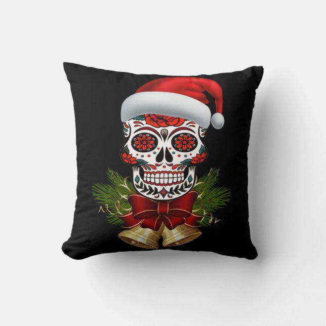 Christmas Santa Hat Day Of The Dead Sugar Skull Cushion (Front)