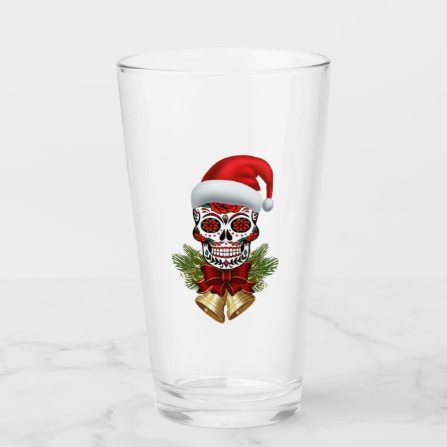 Christmas Santa Hat Day Of The Dead Sugar Skull Glass (Front)