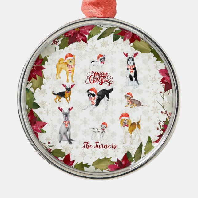 Christmas Santa hat Dogs Poinsettia Monogram Metal Tree Decoration (Front)