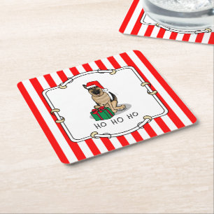 Christmas Santa Hat German Shepherd Dog Cute Square Paper Coaster