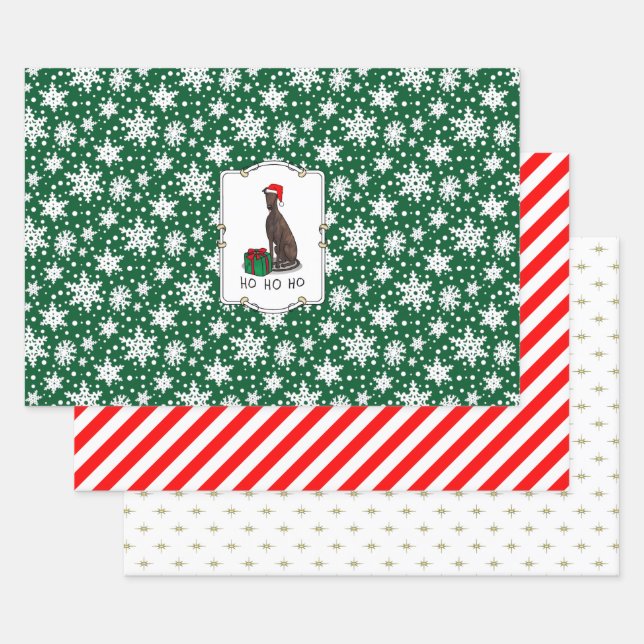 Christmas Santa Hat Greyhound Dog (brindle) Cute Wrapping Paper Sheet (Set)