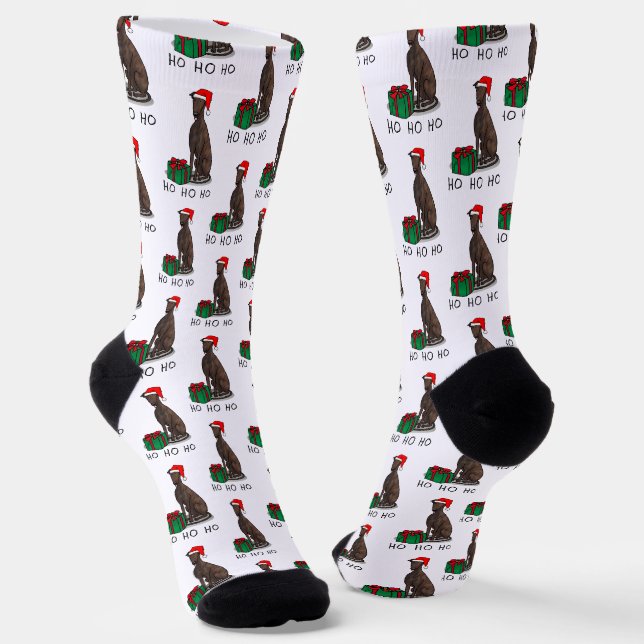 Christmas Santa Hat Greyhound Dog (brindle) Funny Socks (Angled)