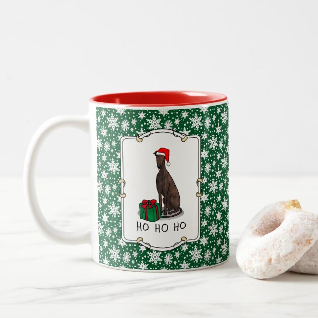 Christmas Santa Hat Greyhound Dog (brindle) Funny Two-Tone Coffee Mug (With Donut)