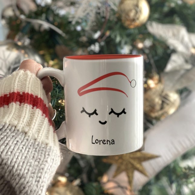 Christmas Santa hat Lashes Personalised Holiday Two-Tone Coffee Mug (Creator Uploaded)