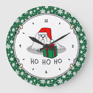 Christmas Santa Hat Maltese Dog Cute Funny Large Clock
