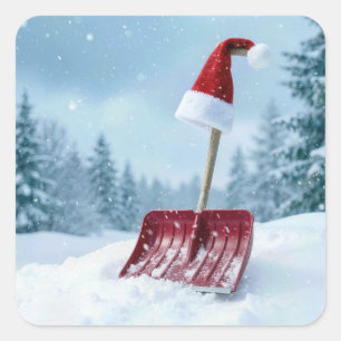 Christmas Santa Hat On Red Snow Shovel Square Sticker